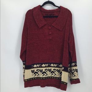 Hilary Smith Burgundy Red Ancient Cats Soft Velour Collar Sweater Medium - Large